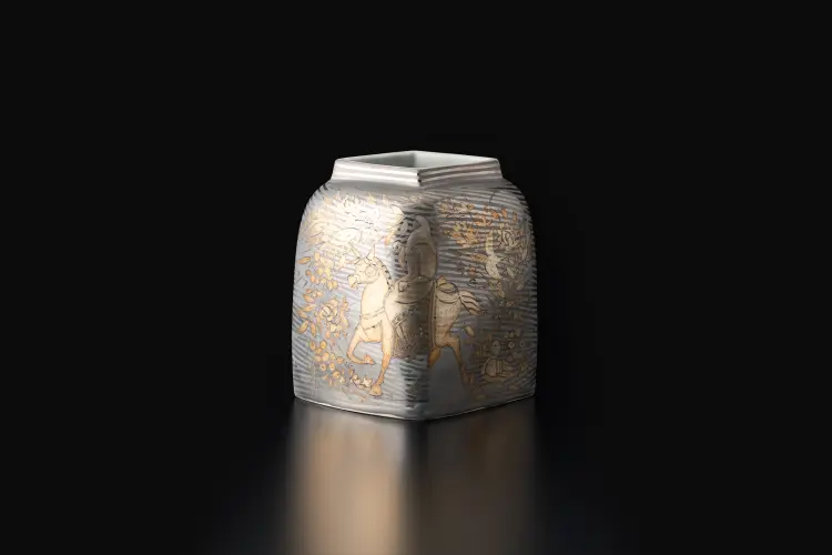 白金銀彩シルクロード文扁壷