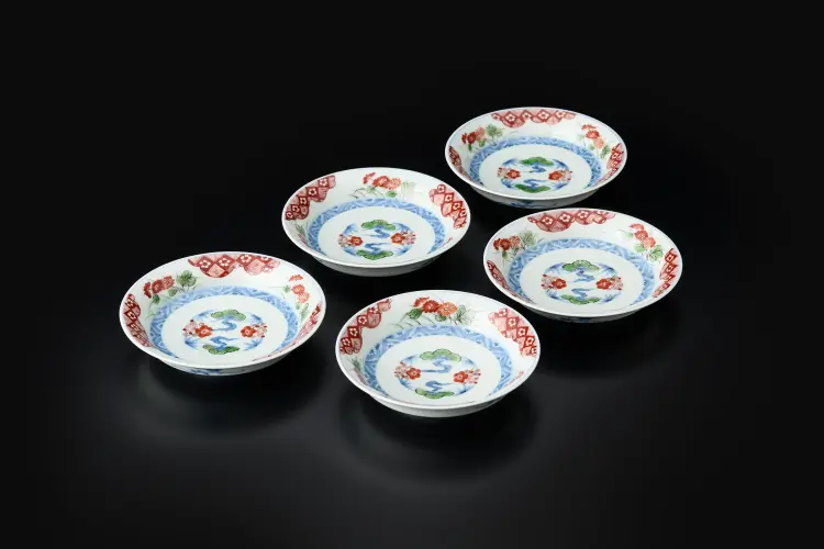 染錦石畳松竹梅文組鉢