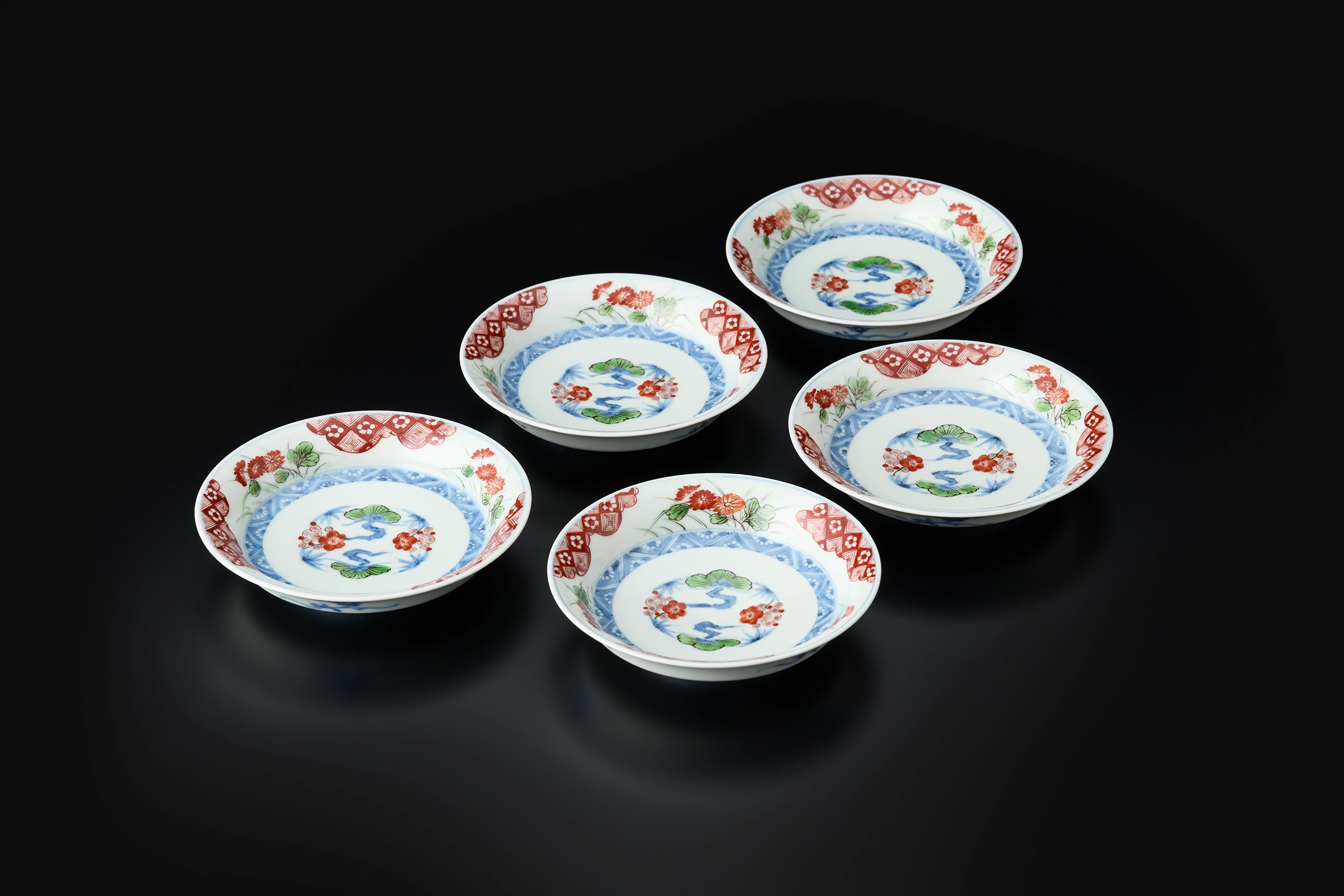 染錦石畳松竹梅文組鉢