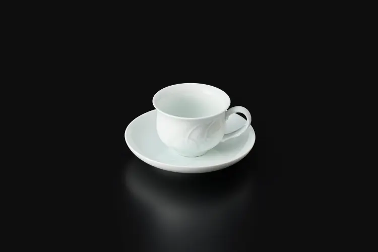 青白磁彫文コーヒー碗皿